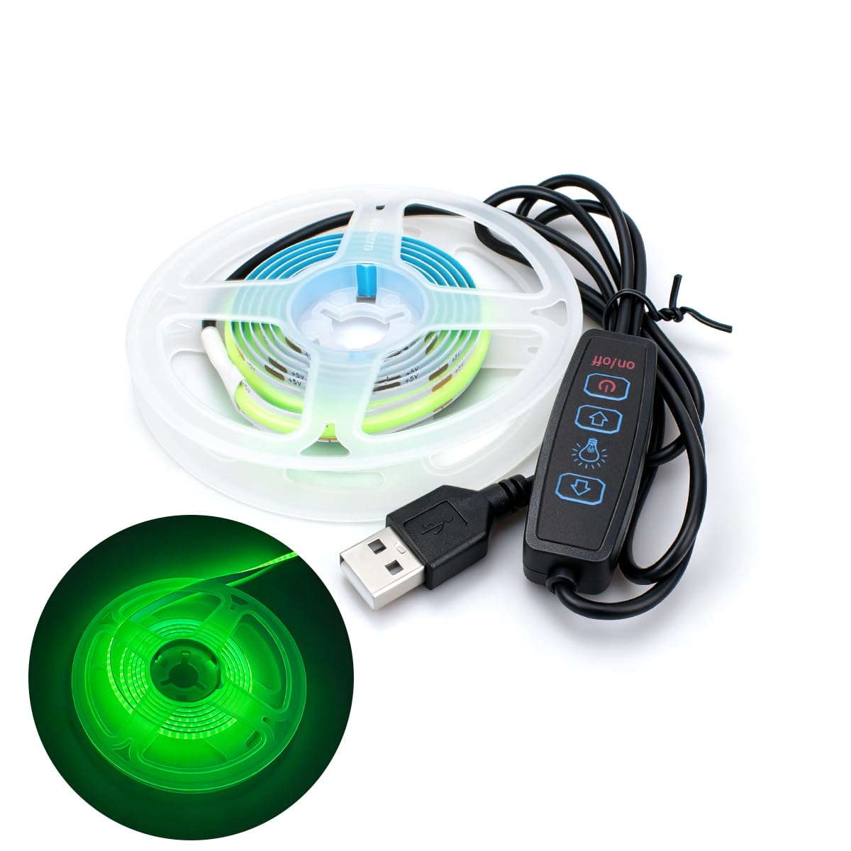 Innfeeltech 1M COB LED Light Strip, 8mm Width 5V Green 320LEDs/m Light Strip, USB Connector with Dimming Button