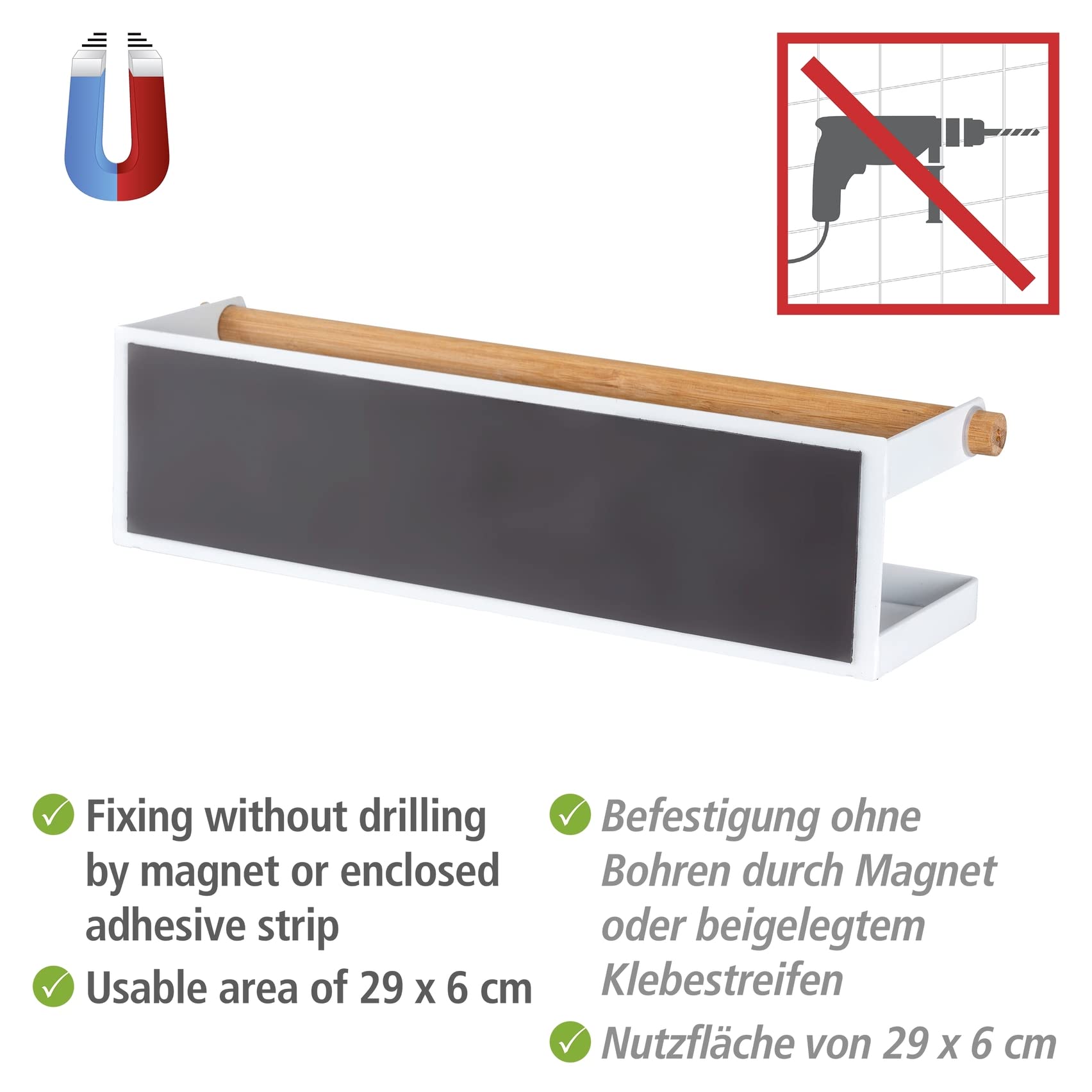 Wenko Scaffale Magnetico Per Spezie Magna: Mensola Metallica Con Dettaglio Bambù, Fissaggio Senza Fori (Magnete O Adesivo), 32x8x8 Cm, Bianco