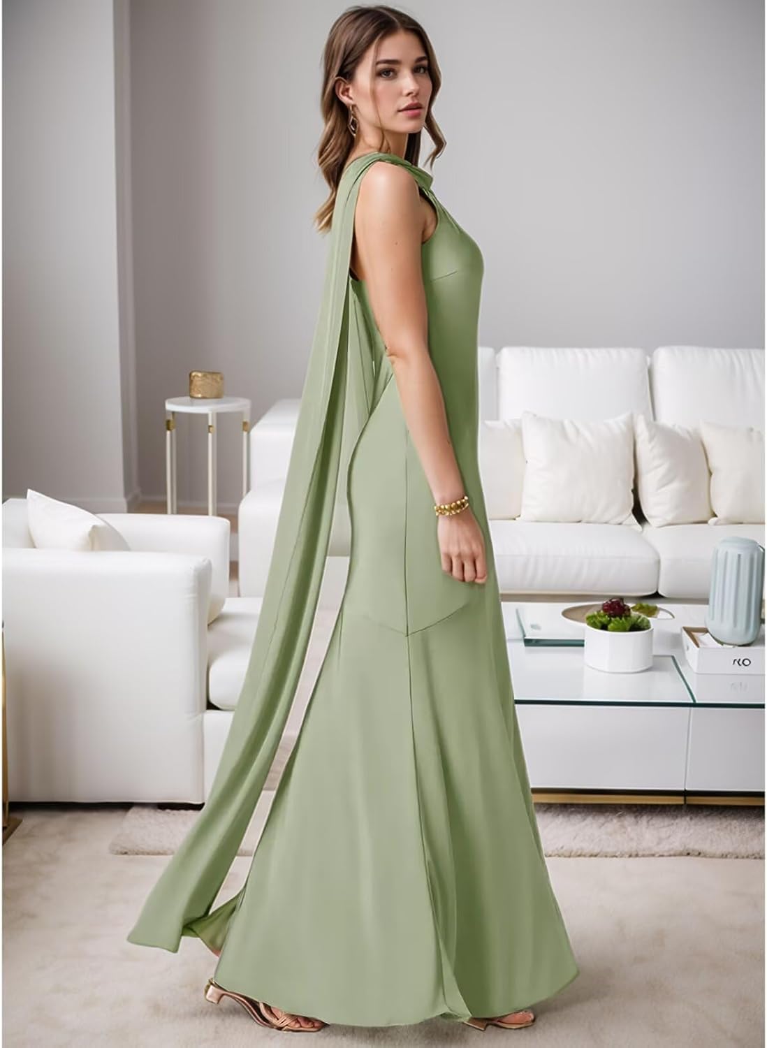 WIOJEIGO Satin Mermaid Bridesmaid Dress for Women Long 2026 Halter Neck Side Slit Lace Up Wedding Guest Dresses with Scarf