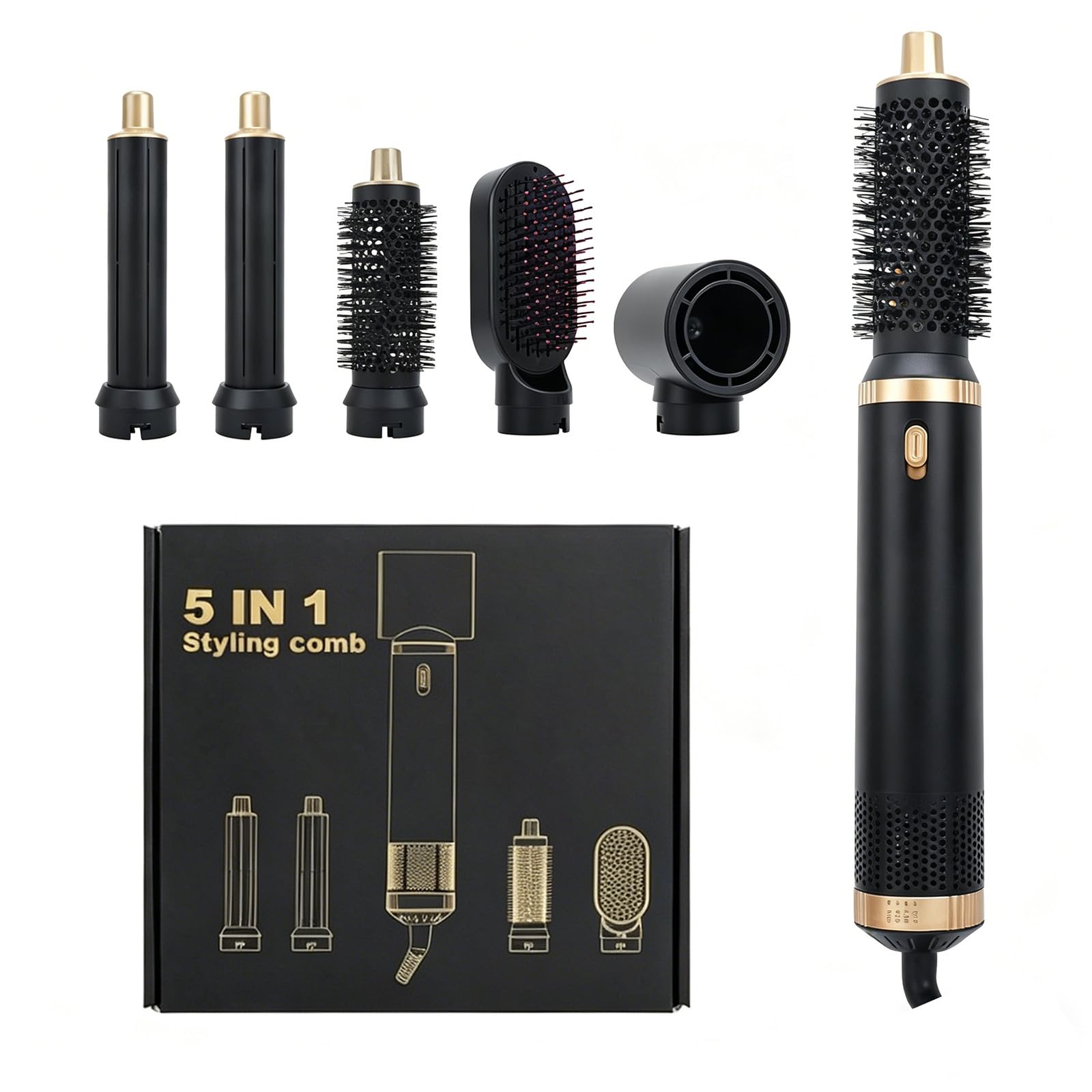 Airstyler 5 en 1 Set de estilizador de pelo, cepillo de aire caliente, estilizador multifuncional con 5 cabezales intercambiables, secador de pelo de iones para alisar, secar, volumen y rizos