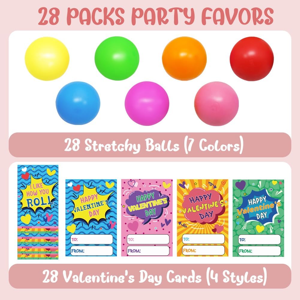 LUKBERA 28Pcs Valentines Cards with Stretchy Balls, Fidget Stress Squeeze Balls for Kids School Valentines Party Favors Exchange Gifts
