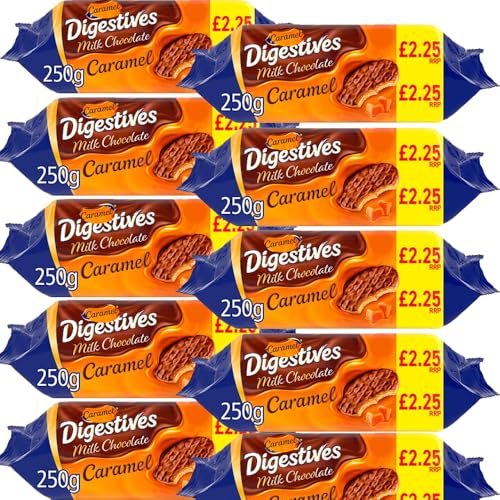Image of Caramel Digestive Biscuits PMP 250g - Wheatmeal Biscuits with Caramel, Covered in Milk Chocolate - mct (10 x Packs)