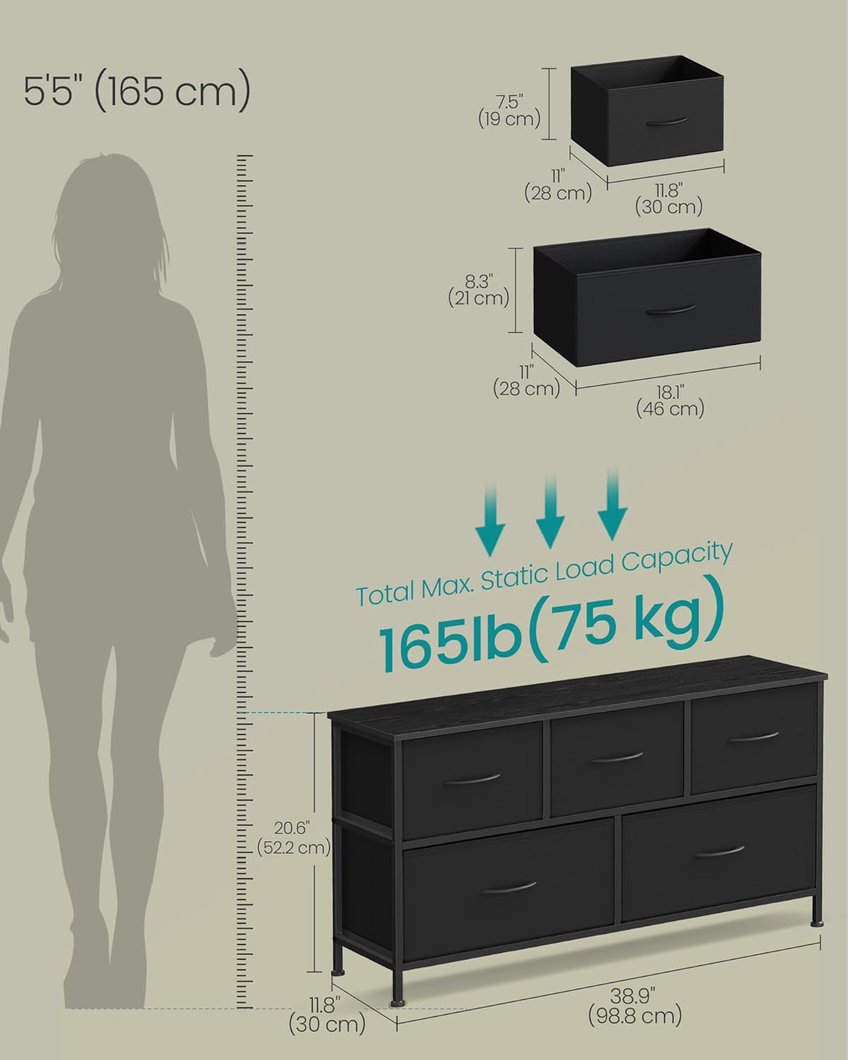 SONGMICS Dresser for Bedroom, Chest of Drawers, Steel, MDF, 5 Non-Woven Fabric Drawers, Storage Organizer Unit, Closet, Entryway, Ink Black and Ebony Black ULGS322B01S Ink Black + Ebony Black 11.8"D x 38.9"W x 20.6"H (5 Drawers)