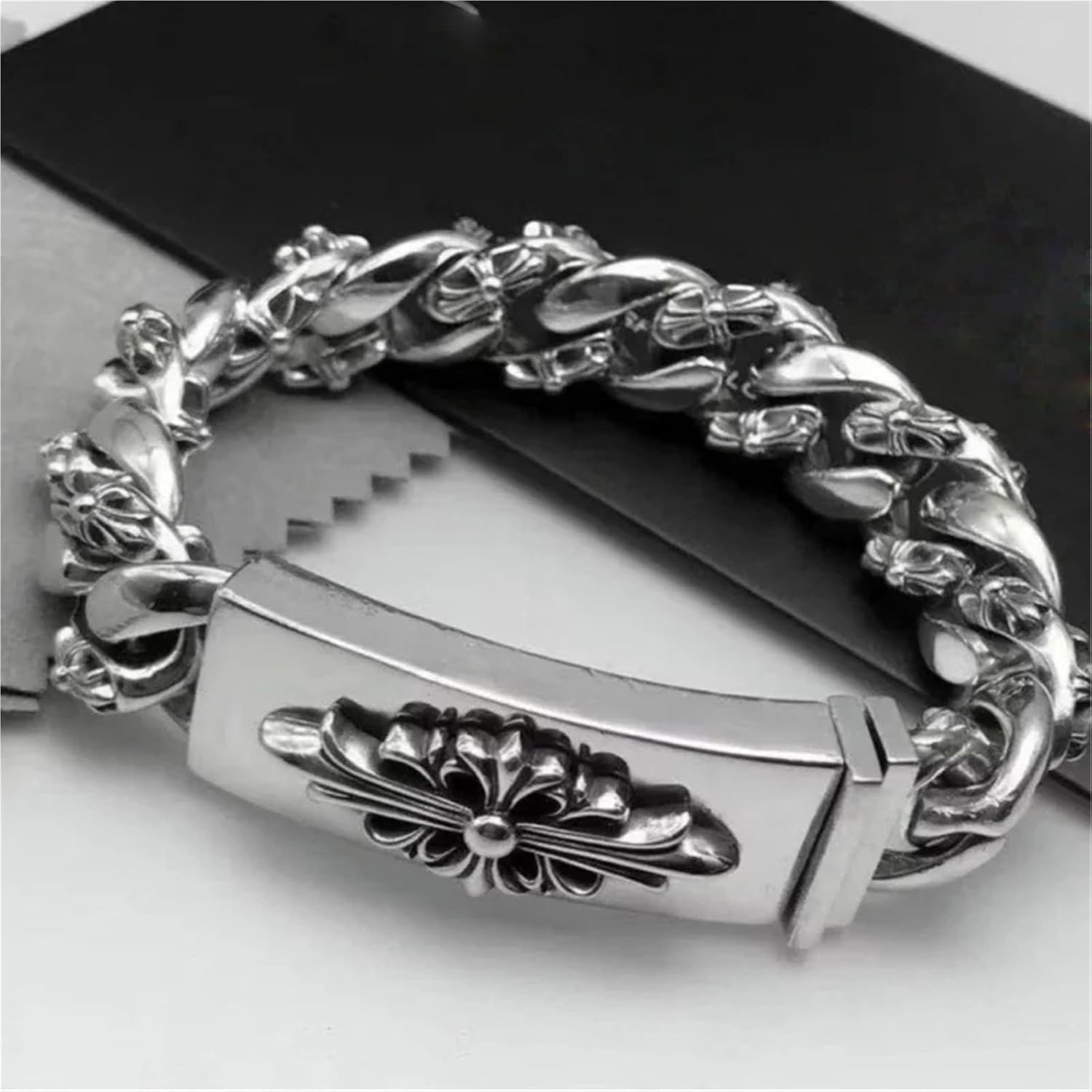 Vintage Flower Cross Bracelet with Braided Chain, Gothic Style Statement Jewelry