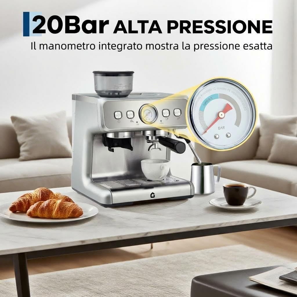 Macchina da caffè espresso semiautomatica con macinacaffè integrato - 20 bar di pressione - 30 livelli di macinatura - serbatoio 2,8L - montalatte a vapore per cappuccino e latte - acciaio