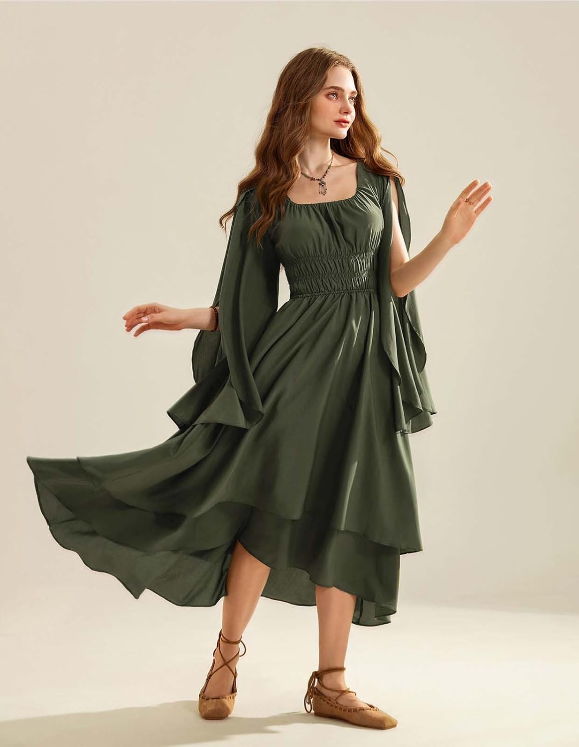 Scarlet Darkness Women Renaissance Costume Split Bell Sleeve Double Layered High Low Dress - Image 6