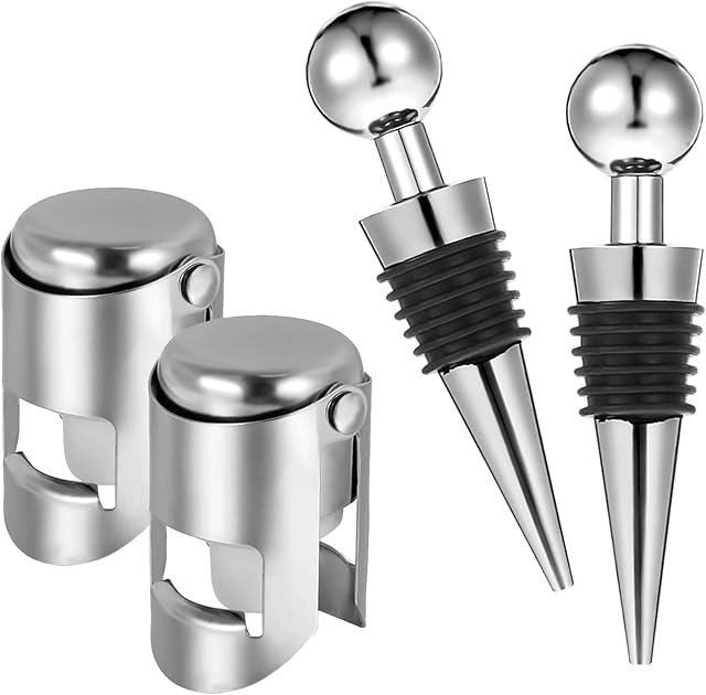 Opopark 4pcs Bottle Stoppers Stainless Steel Champagne Stoppers Wine Bottle Stopper Reusable Bottle Saver Sealer Wine Stoppers Wine Corks for Wine Champagne Beer Collection