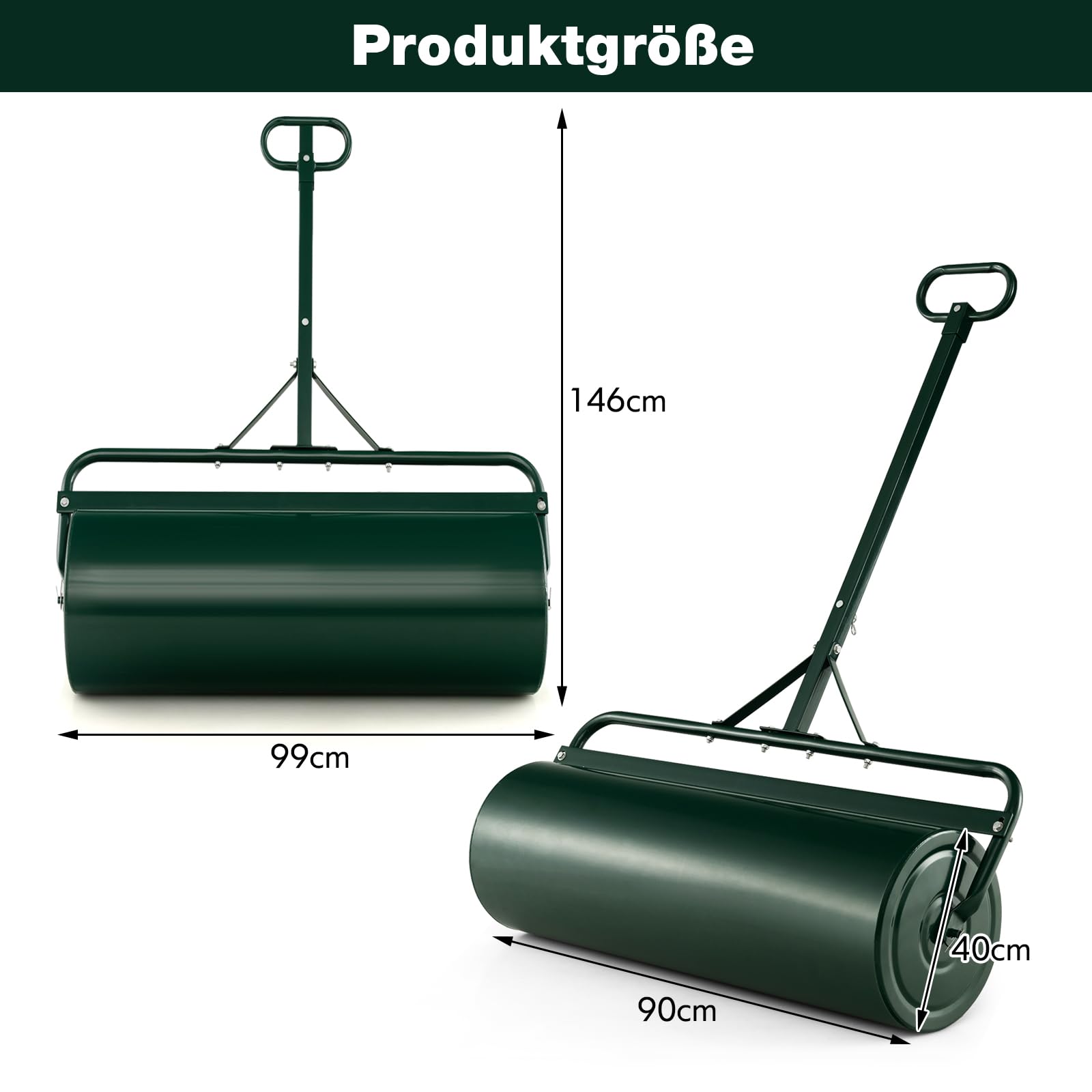 COSTWAY Walec do trawnika do napełniania wodą lub piaskiem, 113 l, Ø 40 cm x 99 cm, wałek podłogowy z uchwytem, wałek ogrodowy, wałek ręczny, wałek do trawnika, do ogrodu, zielony