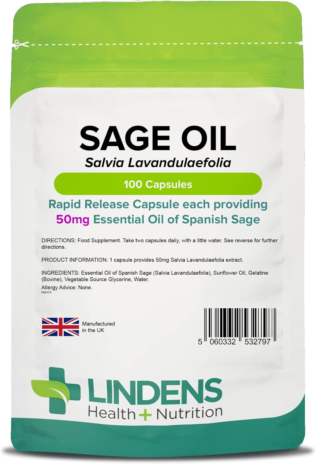 Essential Oil of Sage 100 Caps, Hot Flushes, Menopause