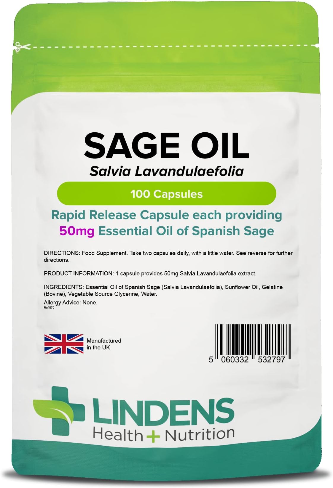 Lindens - Sage Essential Oil 50mg - 100 Softgel Capsules - UK Made - Popular Food Supplement for Women During Menopause - Free from Thujone - Letterbox Friendly