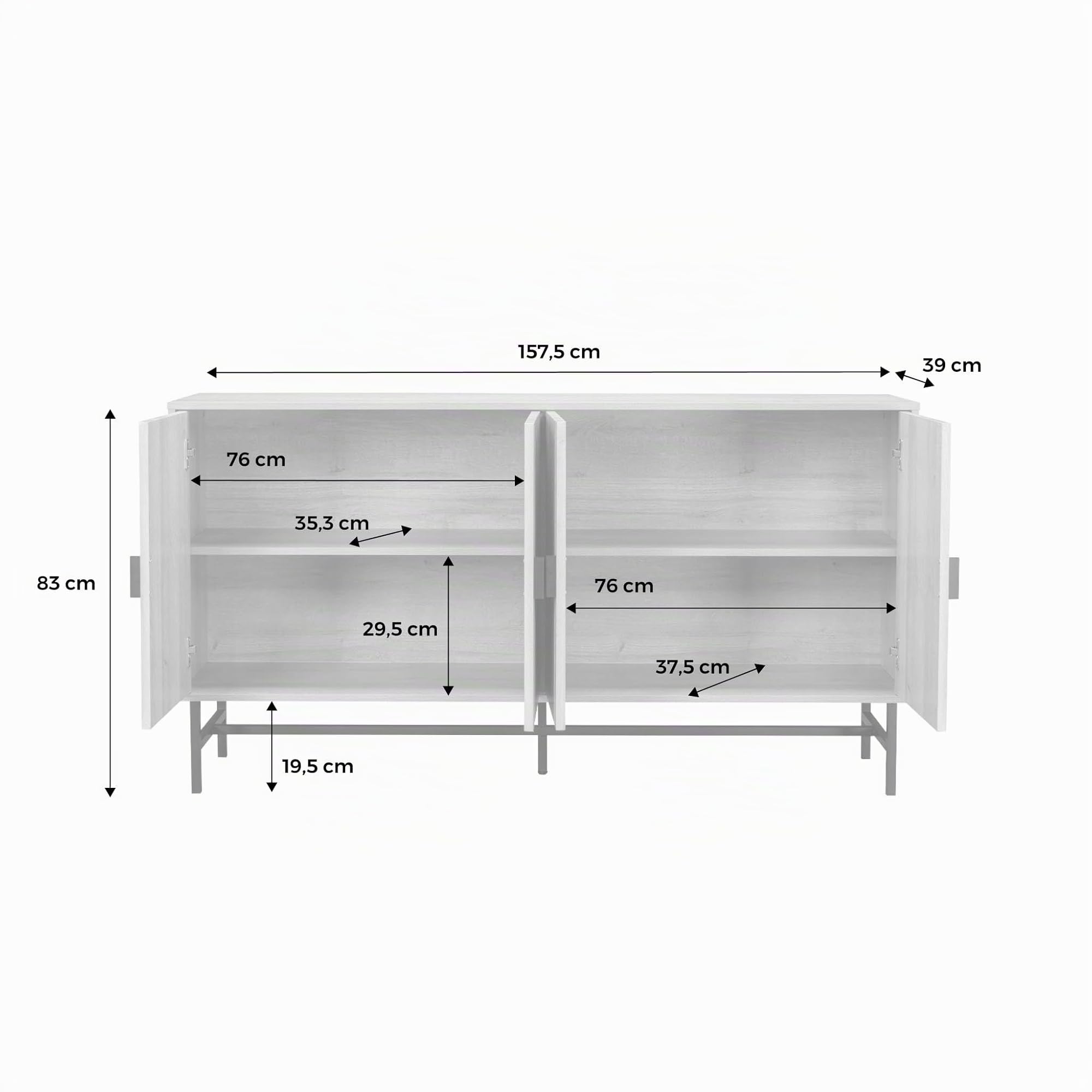 Alice's Garden sweeek - Buffet de Rangement Effet Bois foncé. Bazalt. Quatre Portes. Deux étagères. Buffet Haut. vaisselier. L 157.5 x l 39 x H 83cm
