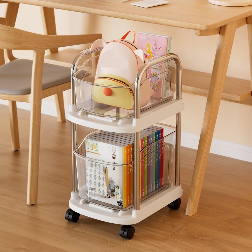 Organizer Plastic Movable Double - Layer Storage Trolley, Home - use Storage Rack for Schoolbags and Multi - Scenario Use(White)