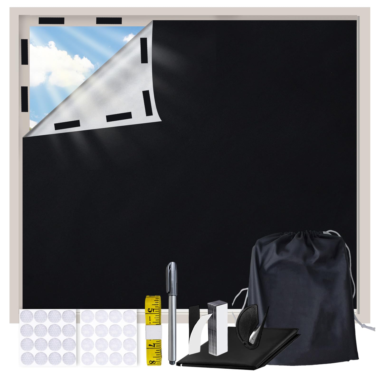 Temporary Blackout Blinds Stick on, Window Blinds No Drilling Cut to Any Size, Black Out Curtains for Bedroom Baby Sleep, Portable Self-Adhesive Blinds for Travel, Nursery, Loft, Car (145*200cm)