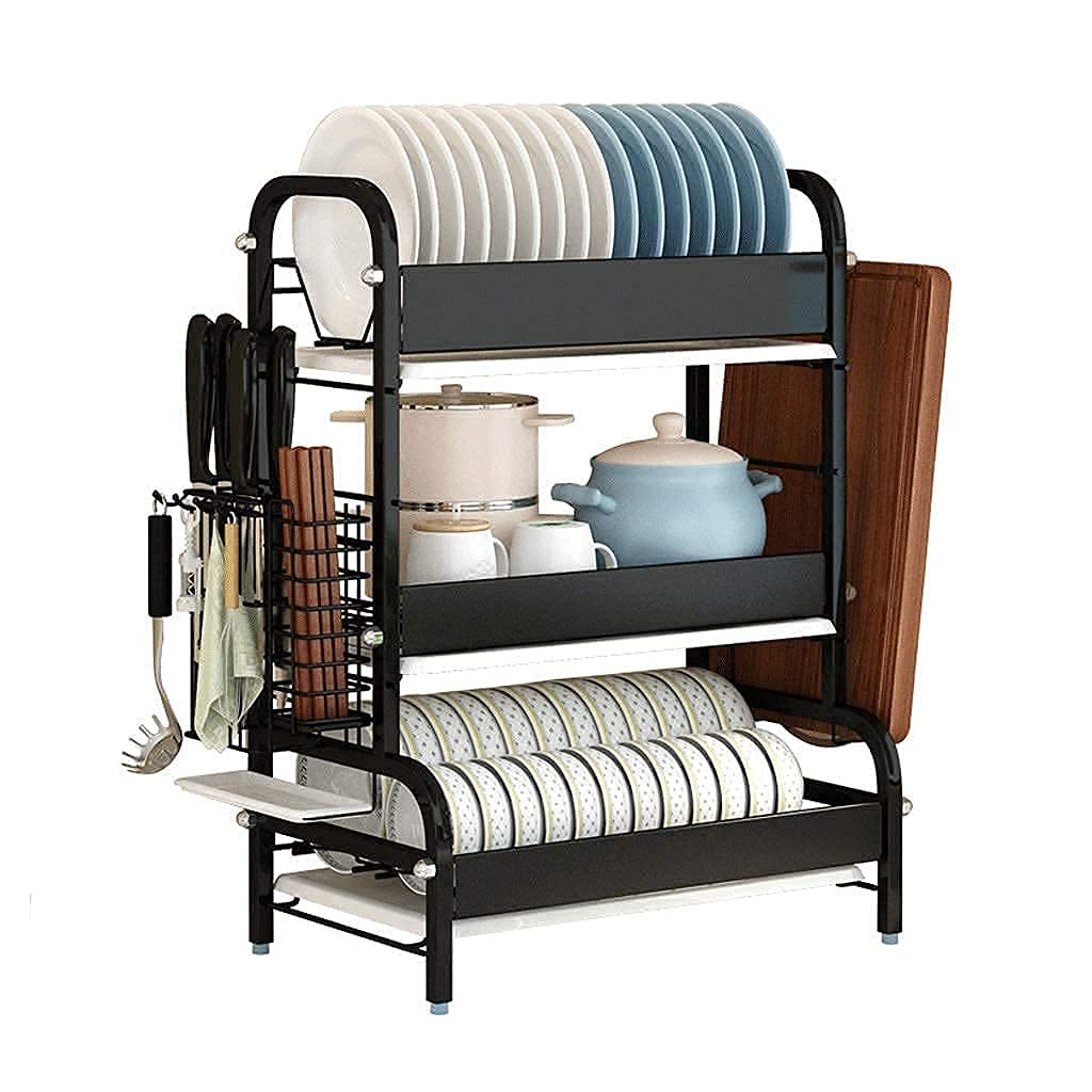 YUOdtuDX draining rack, Cutlery Holder 3-Layer Black Stainless Steel Kitchen Dish Rack Drain Tray for Drying Dishes and Storage Supplies in Practical