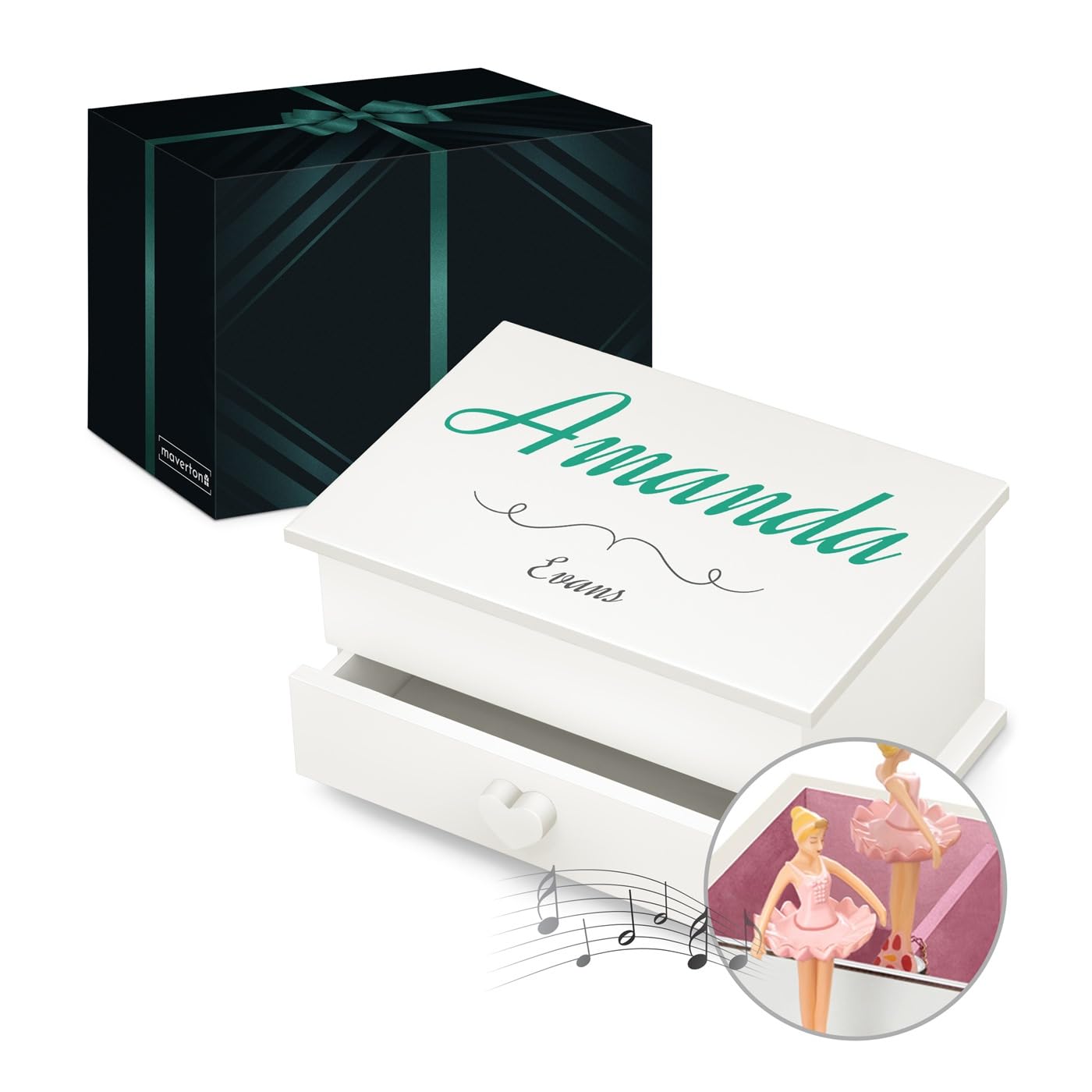 Maverton Personalised Ballerina Box for little princess - Treasure Box with Drawer for girl - Wooden Jewellery Box with overprint - Customised White Organiser for Birthday for her - Green