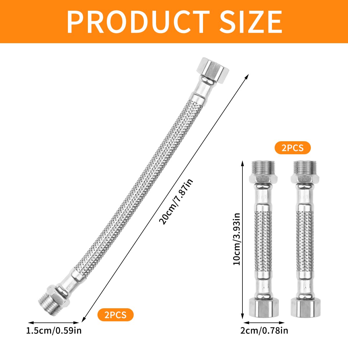4 Pezzi Tubo Flessibile 3/8", Tubo Corazzato In Acciaio Inox 304, 3/8" Tubi Connessione con Raccordo & Filettatura Esterna per Rubinetto, Prolunga Flessibile per Lavandino, Cucina, Bagno (20 cm/10 cm)