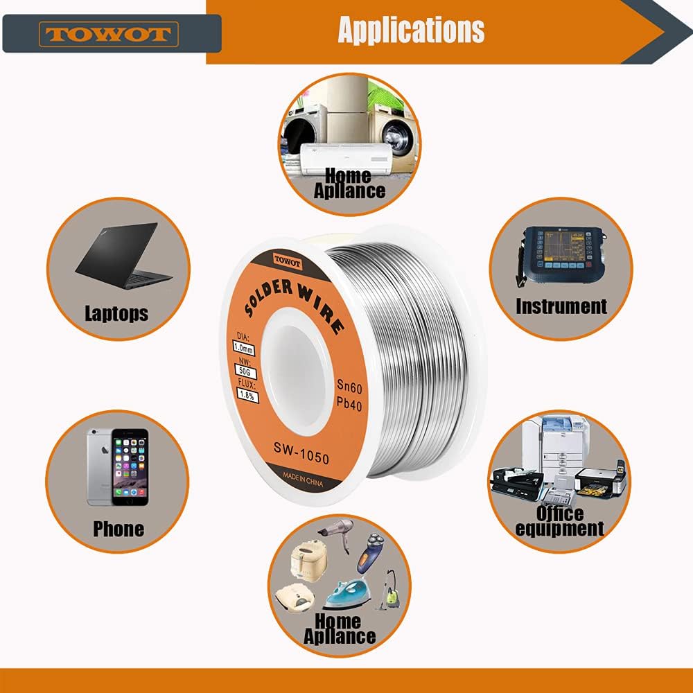 TOWOT Tin Lead Rosin Core Solder Wire for Electrical Soldering, Content 1.8% Solder Flux Sn60-Pb40 (1.0mm, 50g)