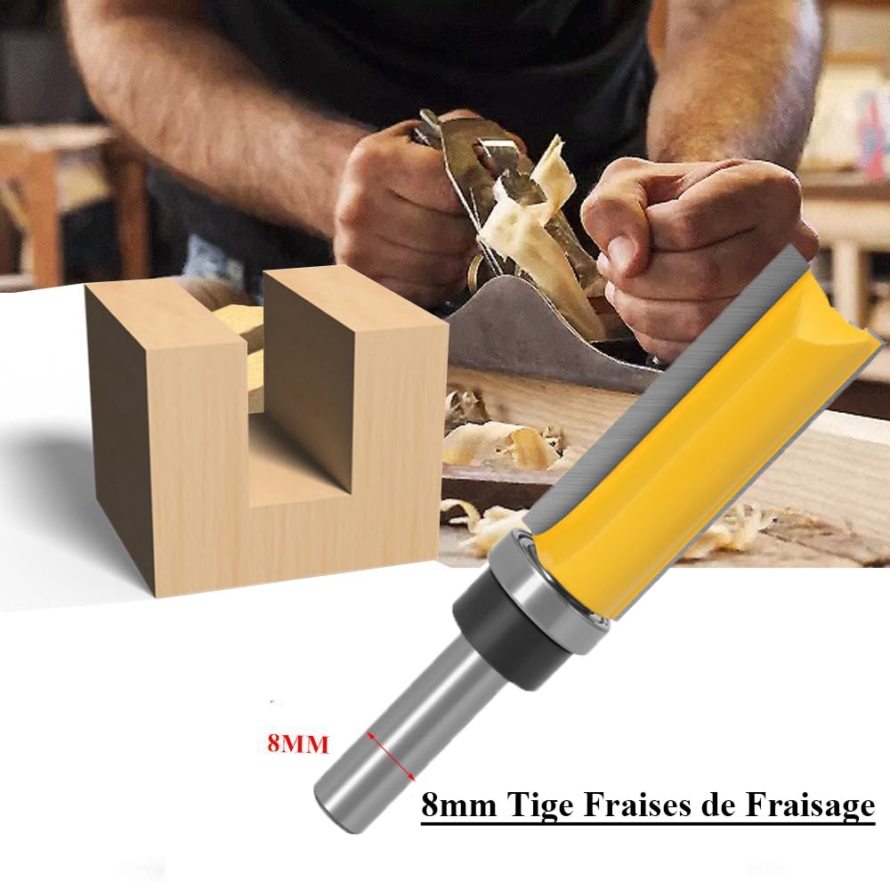 Mesee 3Pcs Fraises pour Défonceuses Fraise à Copier en 8mm Tige, Fraise à Affleurer Droite Flush Garniture Fraise Routeur Bits avec Roulement Outils de Fraisage de Menuiserie pour Couper Rainurer Bois