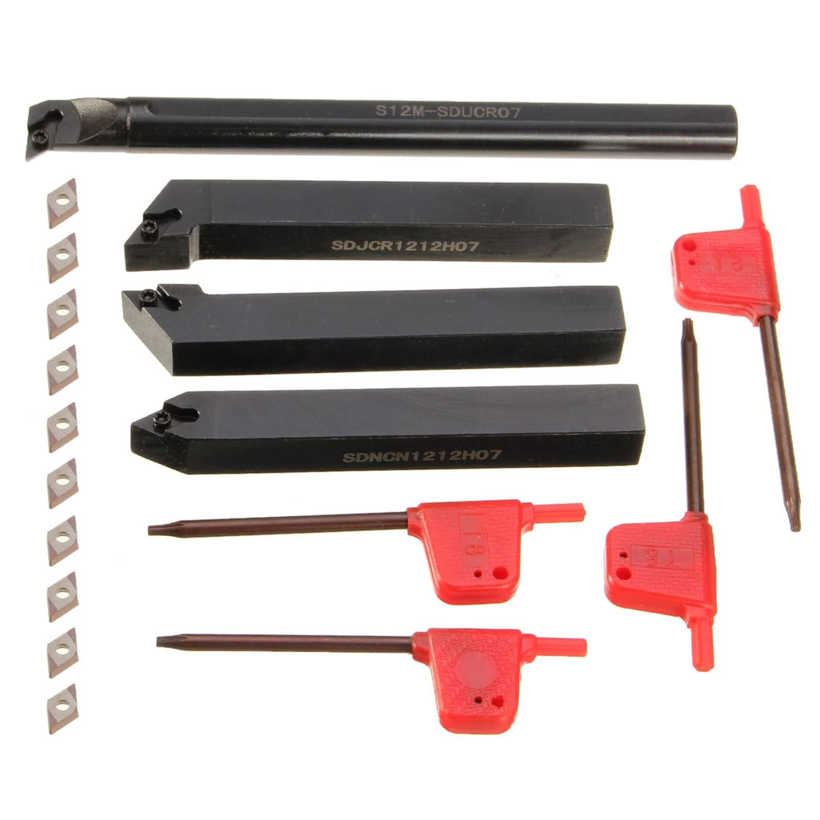 14Pcs Indexable Lathe Turning Tool 1/2"12mm,4PCS Metal Lathe Turning Tool Holders S12M-SDUCR07/SDJCR1212H07/SDNCN1212H07/SDJCL1212H07 with 10pcs DC070204 Carbide Inserts,4pcs Wrenches