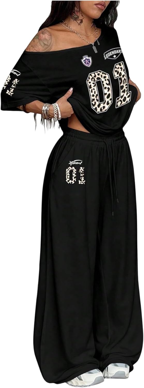 SOLY HUX Summer Outfits for Women Number Graphic Off The Shoulder Top and Pants 2 Piece Set Streetwear