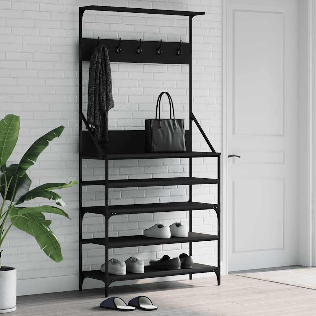 Wieszak na ubrania z półką na buty, czarny, 90 x 34 x 184 cm, z materiału drewnopochodnego i metalu, wieszak na garderobę do korytarza, sypialni, przedpokoju z półką, haczykami