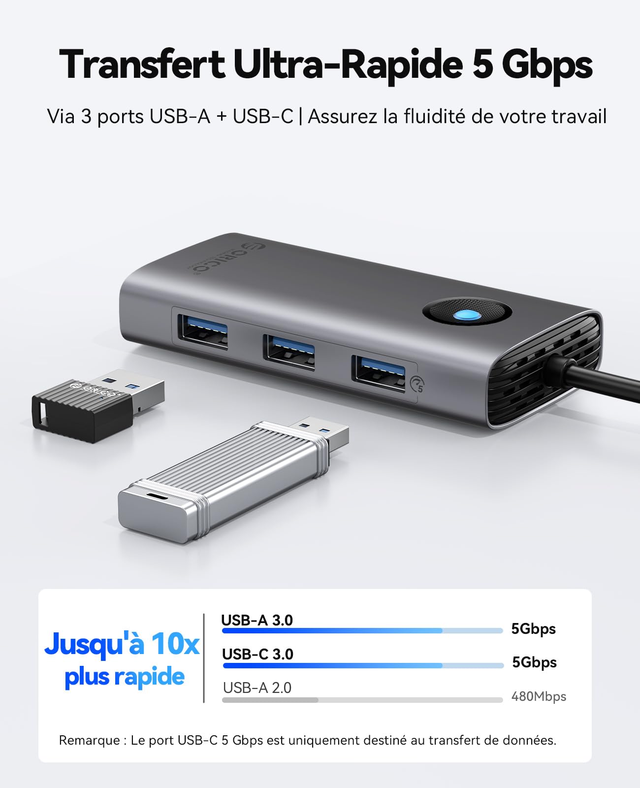 ORICO Station d'accueil, 6 en 1 Hub USB C avec HDMI 4K@30Hz, PD 100 W, 4 Ports USB 5Gbps, Adaptateur USB C vers USB 3.0 Compatible avec MacBook Pro Air XPS HP