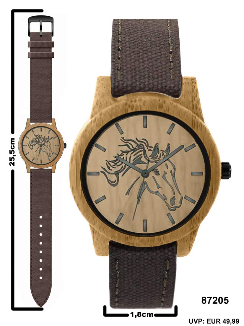 Pacific Time Damen Armbanduhr Pferd Holz Canvas Uhrenarmband Textil braun analog Quarz 87205