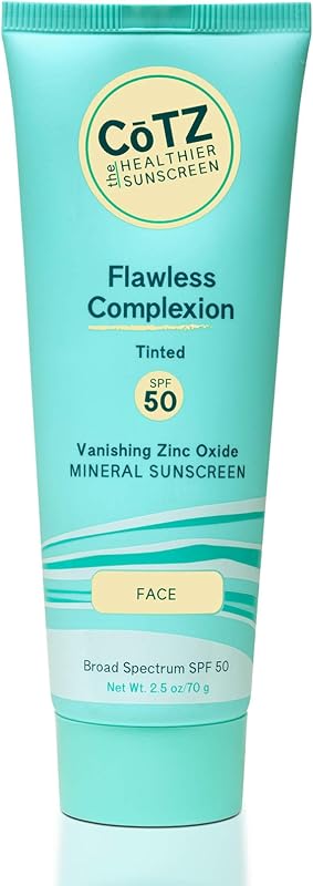 Cuidado de la piel CoTZ | Tez impecable | Ligeramente teñido | Protector Solar Mineral Facial de Amplio Espectro SPF 50; 2,5 onzas / 70 g