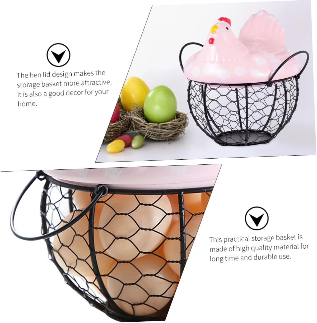 Small Iron Egg Basket with Hen Lid, Pink Wire Fruit and Snack Storage Basket for Kitchen Organization and Dining Table Decoration