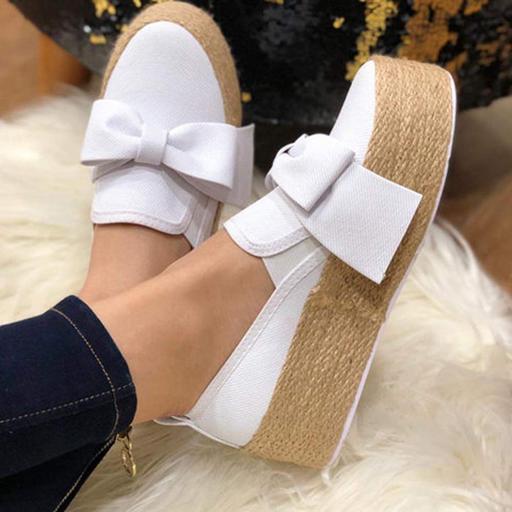 Minetom Espadrille Plateforme Femmes Chaussures de Toile Mode Casual Espadrilles Rayure Noeud Papillon Bout Fermé Confortable Loafers Sneakers