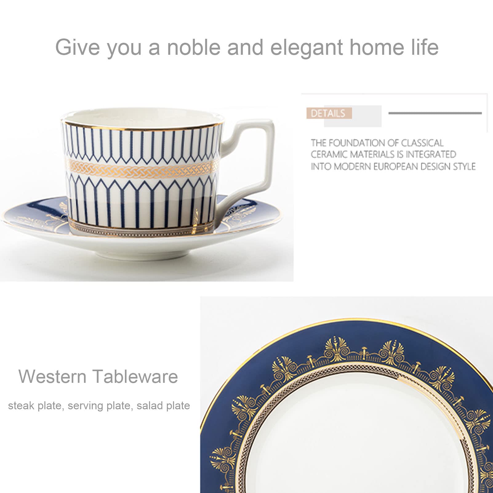 48-częściowy zestaw zastawy stołowej Delikatna zastawa stołowa z porcelany kostnej, Zestawy zastawy porcelanowej, Zastawa stołowa ze złotym wykończeniem, Zestaw obiadowy z ceramicznymi filiżankami do