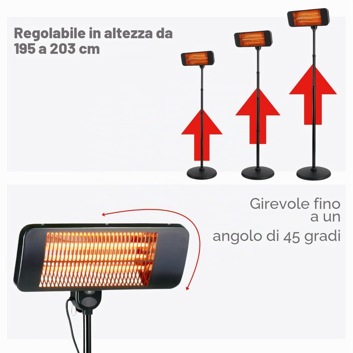 alpina Riscaldamento a infrarossi, riscaldatore per terrazze, 2000 W, 3 livelli di riscaldamento, resistente agli spruzzi, IP24, con lampada a infrarossi, riscaldatore per terrazze, radiatori