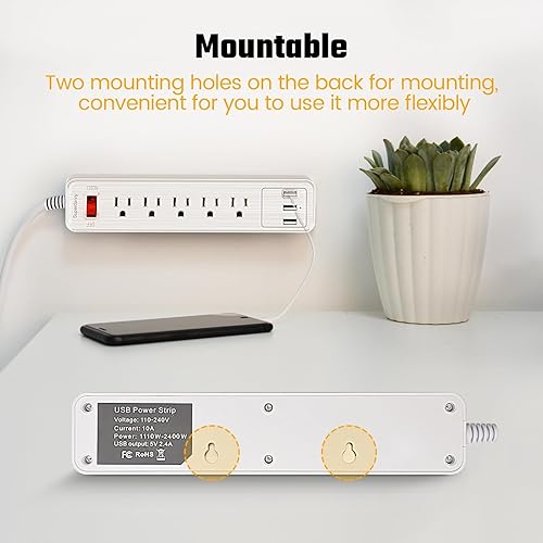 Miniatura 6 de Power Strip, SUPERDANNY Surge Protector, 5 Outlets, 3 USB Ports, 4.5 Ft Extension Cord, 900 Joules, Mountable, Overload Switch, Protected Indicator