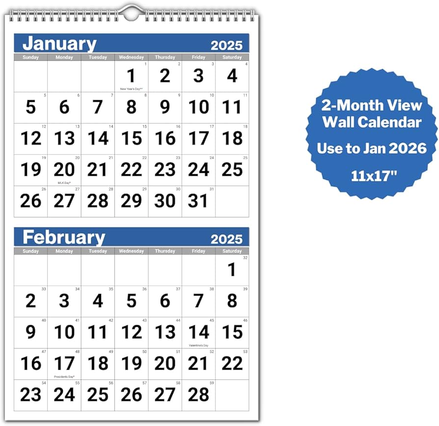 Amazon.com: Dunwell 2-Month View Wall Calendar 2025, 11x17 2024-2025-two-pages-per-month-calendar-prim-color-tina-s-dynamic-homeschool-plus