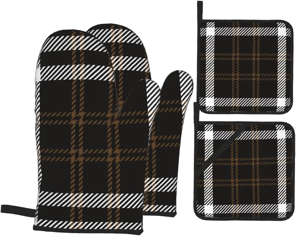 Plaid Pattern Oven Mitts and Pot Holders - 4pcs Set Baking Gift Pads