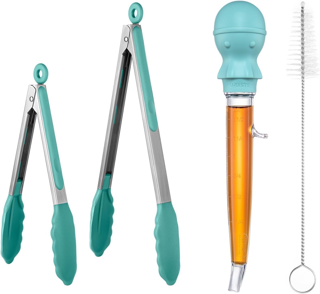 U-Taste 228.2℉ Heat Resistant BPA Free 1.5 oz Angled Turkey Baster, and 600℉ Heat Resistant Set of 2 Kitchen Cooking Tong with Silicone Tip (Aqua Sky)