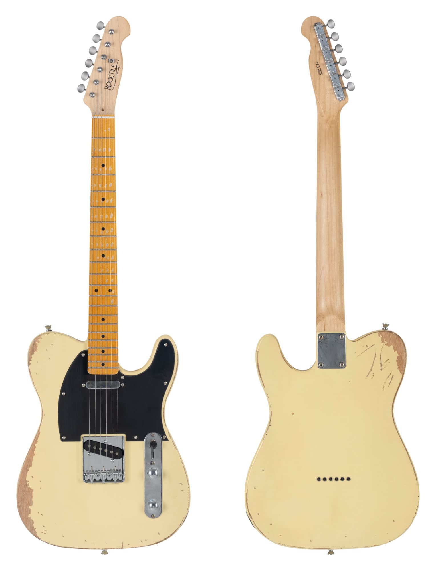 Rocktile Vinstage TL-HMWM gitara elektryczna – gitara relikowa w stylu wiekowym – korpus: mahoń – gryf/szyja: klon – 2 x Single Coil Pickup – sprzęt vintage – biały vintage