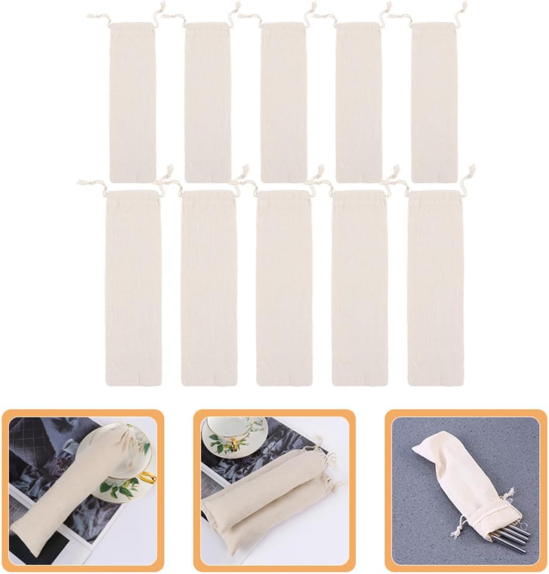 BESTYASH 10pcs Cotton Linen Drawstring Straw Storage Bags for Cutlery and Tableware, Easy to Clean and Use, Light-colored Pouches with Simple Design for Camping and Work