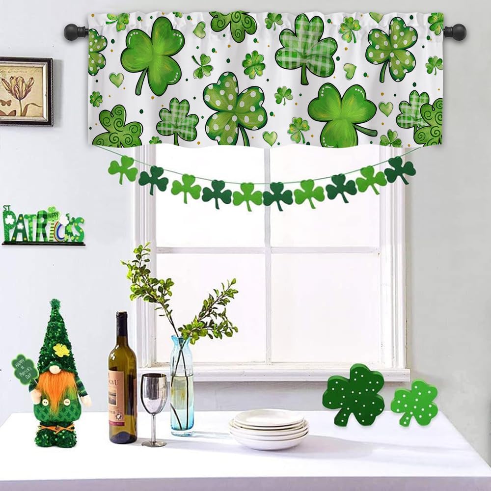 Nialnant St Patricks Day Kitchen Valances for Windows 54" W x 18" L, Plaid Green Clover Window Valances for Living Room, Rod Pocket Curtain Valances for Bathroom