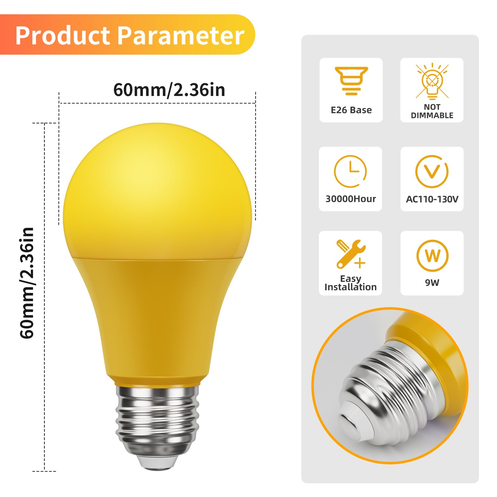 Lampadine per insetti da esterni, 9 W, gialle, A19, per esterni, anti insetti, equivalenti a 60 W, 2000 K, lampadina da balcone ambrata, attacco E26, non dimmerabile