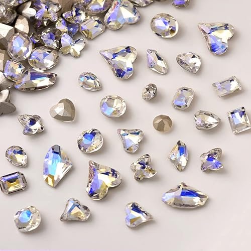 48 Pcs Big Mix Sizes Different Shape Nail Rhinestones 12 Styles 3D Glass Crystals Diamonds Love Distorts Heart Super Shiny Charms Gems Stones Diy Nail Art Decoration Craft Jewelry (Moonlight) #TOP8