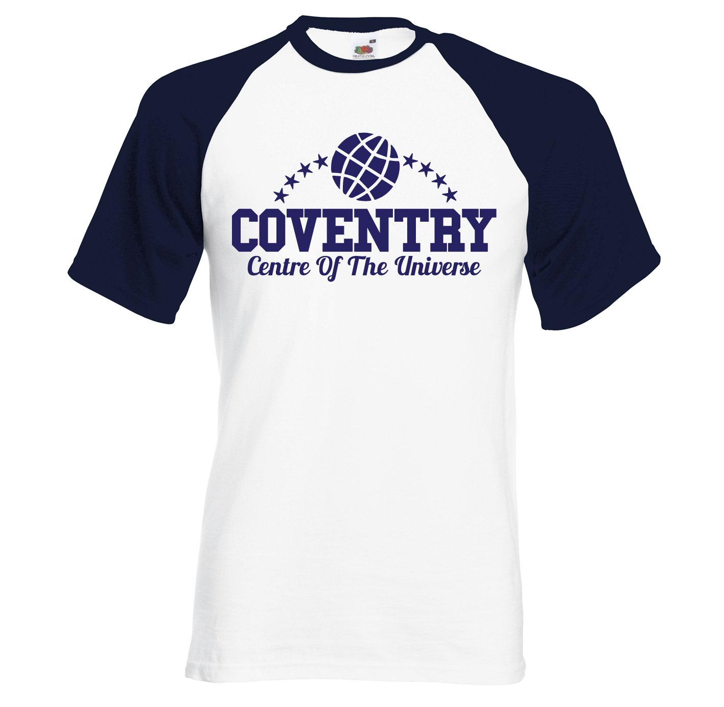 Rocket Fuel 'Coventry - Centre of The Universe' Mens Funny Printed Baseball T-Shirt - White/Navy - Large