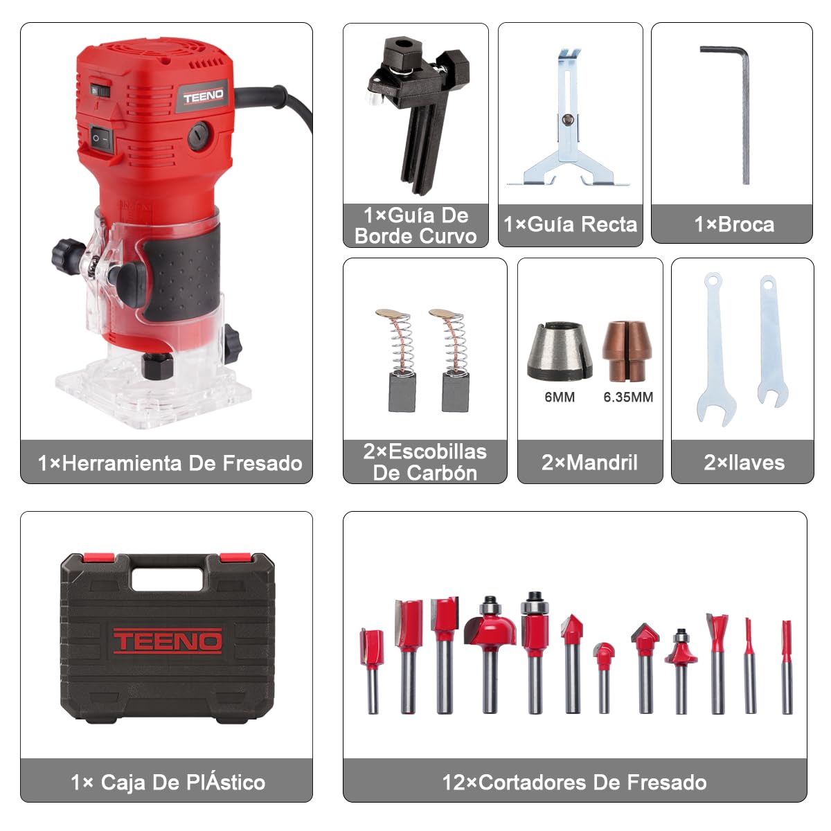 TEENO Fresadora De Madera Rebajadora Eléctrica 650W 15000-32000 RPM,Fresadora EléCtrica Para Madera Con 12 piezas 1/4'' Alicates, 6 Velocidades Variables, con Estuche de Transporte