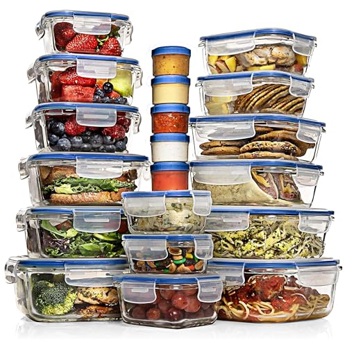 Razab 35 Pc Set Glass Food Storage Containers with Lids - Meal Prep Airtight Bento Boxes BPA-Free 100% Leak Proof (15 lids,15 glass & 5 Plastic Sauce/Dip Containers)