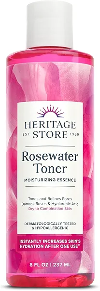 HERITAGE STORE Rosewater Facial Toner with Hyaluronic Acid, Dry to Combination Skin, Hydrating Toner Refines Pores, Minimizes Look of Fine Lines and Wrinkles, Hypoallergenic, Vegan, Cruelty Free, 8oz
