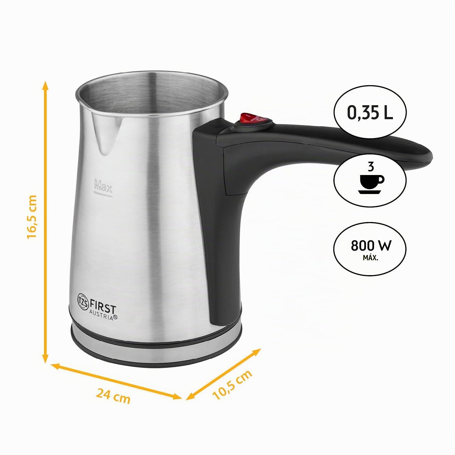 TZS First Austria Cafetera eléctrica turca de 0,35 litros y 800 W | Moka, espresso y hervidor | Fabricada en acero inoxidable con mango antideslizante | Apta para el hogar, la oficina y viajes