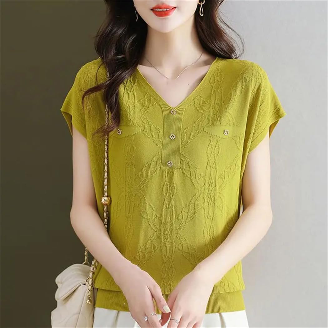 Maglietta estiva da donna a maniche corte in seta ghiacciata tinta unita coreana allentata scollo a V pulsante moda sottile top