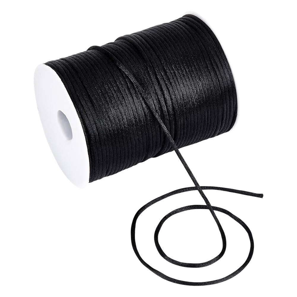 PH PandaHall 142 Yards 3mm Nylon Satin Cord, Black Rattail Satin Cord with Spool Nylon Thread Satin String for Braided Beading DIY Bracelets Jewellery Craft Chinese Knotting Lanyards Making