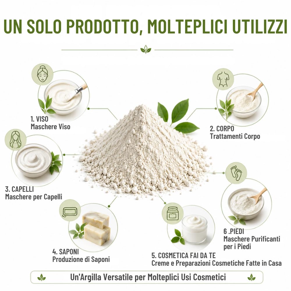 Argilla Bianca di Kaolin | 500 gr | Per la Cura della Pelle e dei Capelli | Esfoliante e Lenitivo | Ringiovanisce, calma e ammorbidisce la pelle