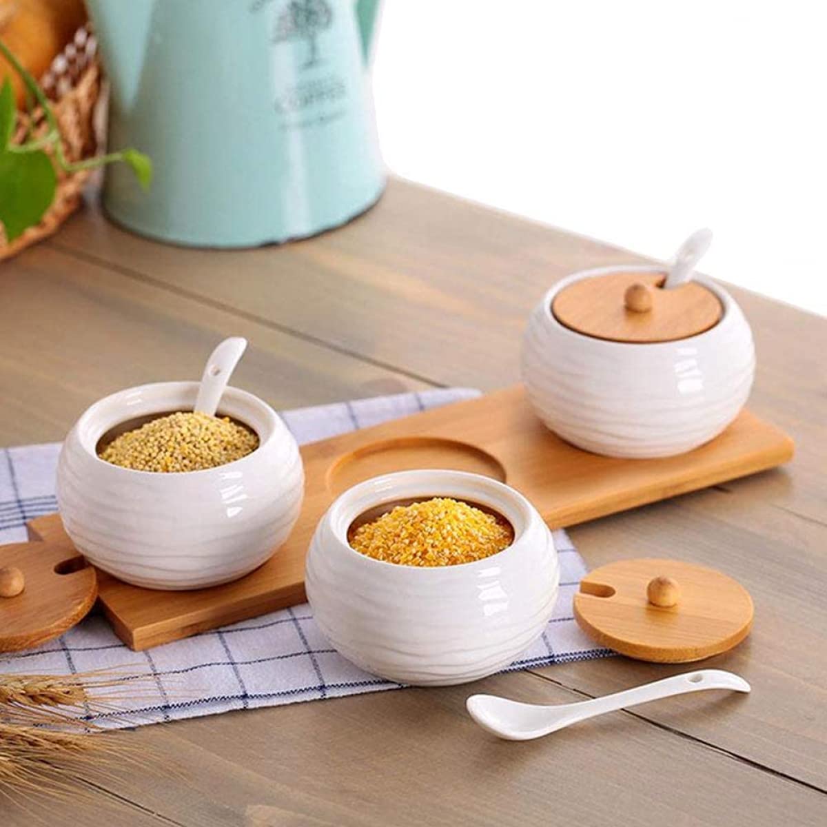 Ceramic Salt & Sugar Containers With Wooden Tray - 3 Piece Porcelain Spice Jar Set With Spoons